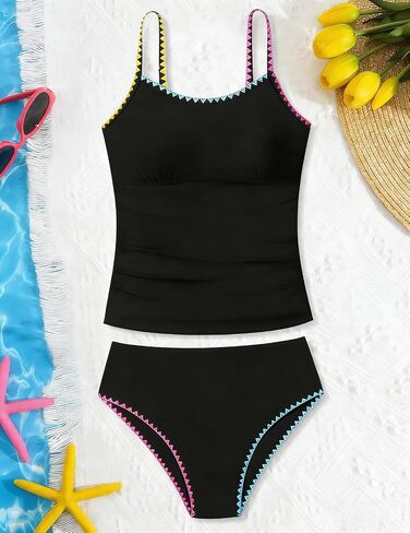 Girls Tankini Swimsuits Two Piece Bathing Suit Colorful Contrast Trim Swimwear Padded Swimsuits for Teens 9-16Y in Kuwait