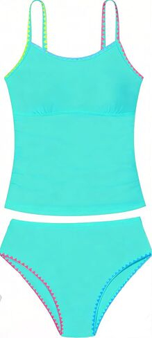 Girls Tankini Swimsuits Two Piece Bathing Suit Colorful Contrast Trim Swimwear Padded Swimsuits for Teens 9-16Y in Kuwait
