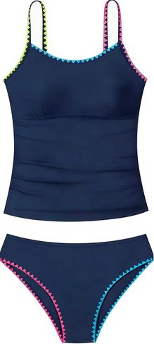 Girls Tankini Swimsuits Two Piece Bathing Suit Colorful Contrast Trim Swimwear Padded Swimsuits for Teens 9-16Y in Kuwait