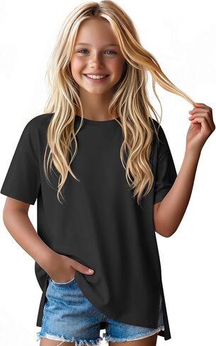Yooo's Vivi Girls Oversized T Shirts Short Sleeve Crewneck Kids Summer Tops Teen Casual Basic Tees 5-14 Years in Kuwait