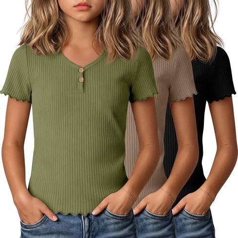 3 Pack Girls Ribbed Short Sleeve Shirts, Lettuce Trim V Neck Button T Shirts, Cute Tees Tops for Kids Teen 5-14 Y in Saudi Arabia