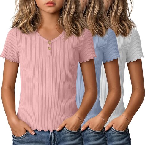 3 Pack Girls Ribbed Short Sleeve Shirts, Lettuce Trim V Neck Button T Shirts, Cute Tees Tops for Kids Teen 5-14 Y in Kuwait