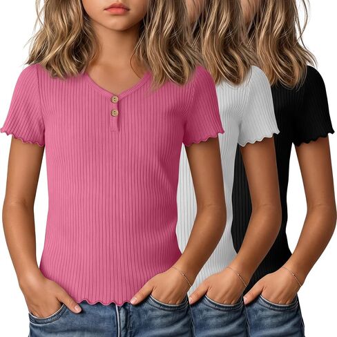 3 Pack Girls Ribbed Short Sleeve Shirts, Lettuce Trim V Neck Button T Shirts, Cute Tees Tops for Kids Teen 5-14 Y in Kuwait