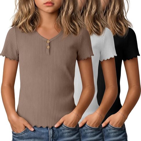 3 Pack Girls Ribbed Short Sleeve Shirts, Lettuce Trim V Neck Button T Shirts, Cute Tees Tops for Kids Teen 5-14 Y in Kuwait