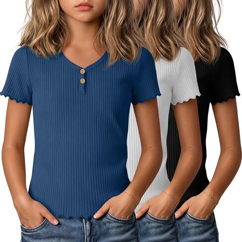 3 Pack Girls Ribbed Short Sleeve Shirts, Lettuce Trim V Neck Button T Shirts, Cute Tees Tops for Kids Teen 5-14 Y in Kuwait