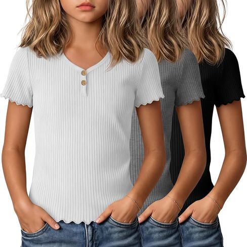 3 Pack Girls Ribbed Short Sleeve Shirts, Lettuce Trim V Neck Button T Shirts, Cute Tees Tops for Kids Teen 5-14 Y in Kuwait