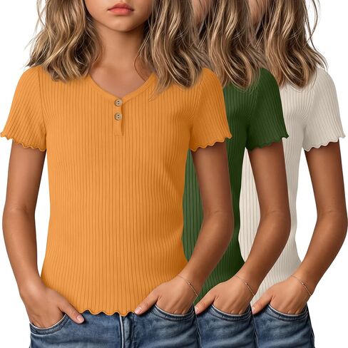 3 Pack Girls Ribbed Short Sleeve Shirts, Lettuce Trim V Neck Button T Shirts, Cute Tees Tops for Kids Teen 5-14 Y in Kuwait