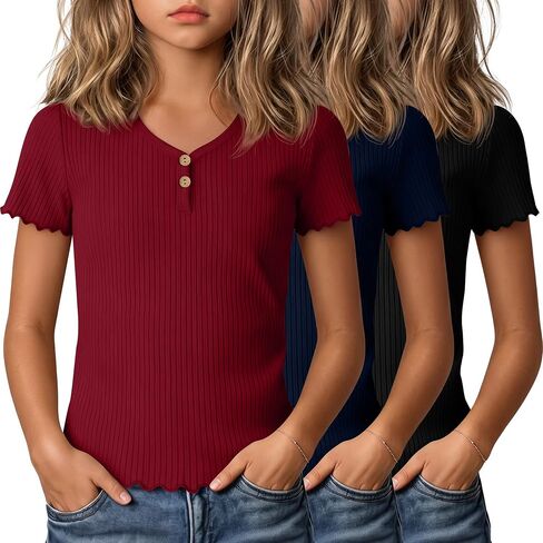 3 Pack Girls Ribbed Short Sleeve Shirts, Lettuce Trim V Neck Button T Shirts, Cute Tees Tops for Kids Teen 5-14 Y in Kuwait