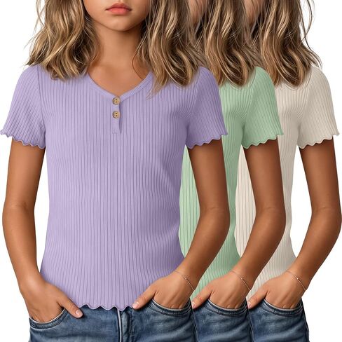 3 Pack Girls Ribbed Short Sleeve Shirts, Lettuce Trim V Neck Button T Shirts, Cute Tees Tops for Kids Teen 5-14 Y in Kuwait