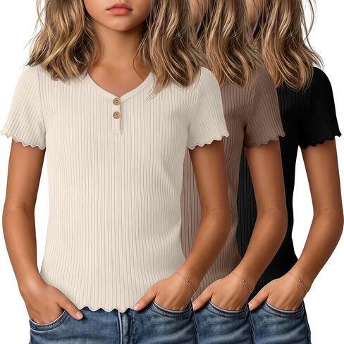 3 Pack Girls Ribbed Short Sleeve Shirts, Lettuce Trim V Neck Button T Shirts, Cute Tees Tops for Kids Teen 5-14 Y in Kuwait