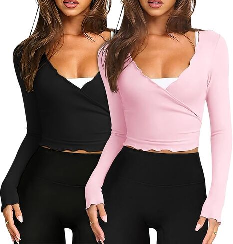 Women Pilates Wrap Tops Tie Ballet Yoga Tops V Neck Long Sleeve Slim Fit Workout Gym Outfit in Saudi Arabia