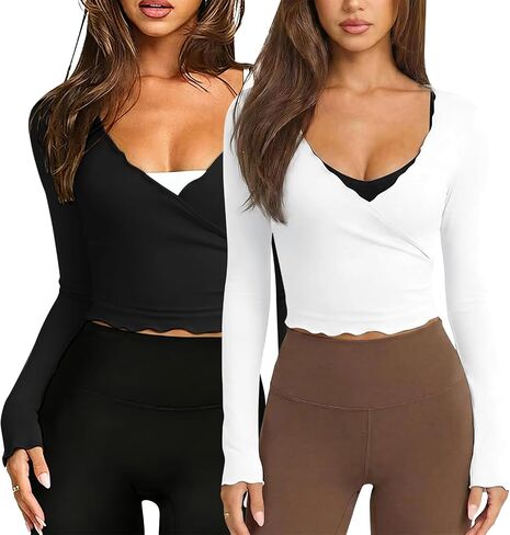 Women Pilates Wrap Tops Tie Ballet Yoga Tops V Neck Long Sleeve Slim Fit Workout Gym Outfit in Saudi Arabia