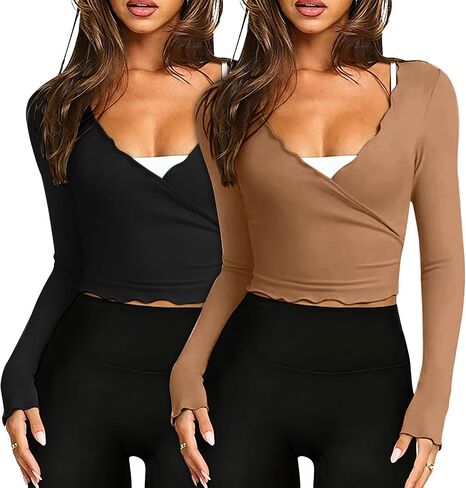 Women Pilates Wrap Tops Tie Ballet Yoga Tops V Neck Long Sleeve Slim Fit Workout Gym Outfit in Saudi Arabia