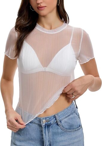 Women's Sheer Mesh Top Short Sleeve Crew Neck See Through Glitter Shirt Crop Blouse for Concert Party in Saudi Arabia