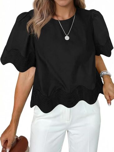 Tankaneo Womens Short Sleeve Crop Tops Summer Casual Scalloped Flowy Blouse Crewneck Ruffle Loose Fit T-Shirts in Kuwait