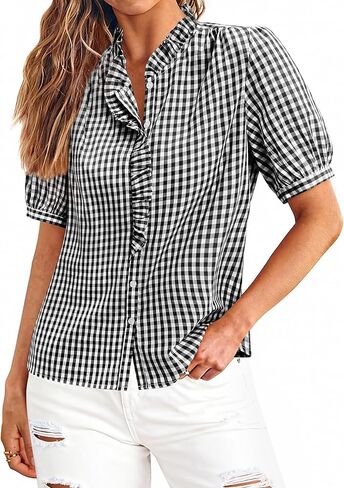 siliteelon Women Plaid Shirt Gingham Short Sleeve Top Button Down Ruffle V Neck Dress Shirts Cotton Casual Work Blouse in Kuwait