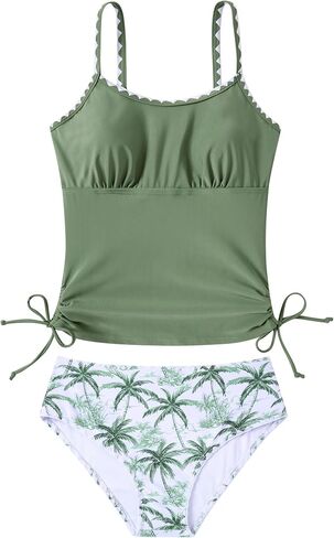 Funnycokid المراهقات ملابس السباحة مبطن ثوب السباحة 2 قطعة Tankini التباين تقليم Ruched تصميم ملابس السباحة 9-16Y in Kuwait