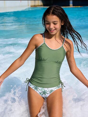 Funnycokid المراهقات ملابس السباحة مبطن ثوب السباحة 2 قطعة Tankini التباين تقليم Ruched تصميم ملابس السباحة 9-16Y in Kuwait