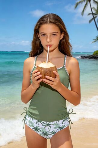 Funnycokid المراهقات ملابس السباحة مبطن ثوب السباحة 2 قطعة Tankini التباين تقليم Ruched تصميم ملابس السباحة 9-16Y in Kuwait