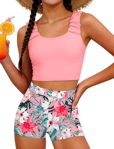 GEMLON Girls Tankini Swimsuit Solid Tank Top with Tropical Printed Shorts 2 Piece Girls Bathing Suits Size 7-16 in Saudi Arabia