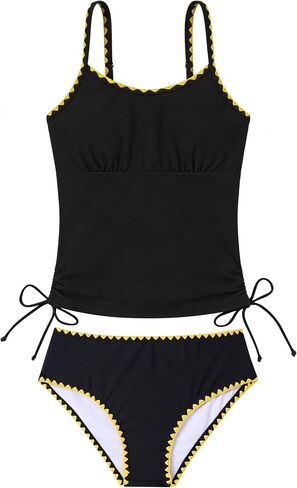 Funnycokid المراهقات ملابس السباحة مبطن ثوب السباحة 2 قطعة Tankini التباين تقليم Ruched تصميم ملابس السباحة 9-16Y in Kuwait