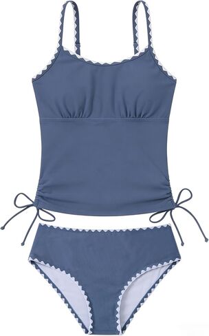 Funnycokid المراهقات ملابس السباحة مبطن ثوب السباحة 2 قطعة Tankini التباين تقليم Ruched تصميم ملابس السباحة 9-16Y in Kuwait