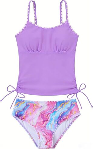 Funnycokid المراهقات ملابس السباحة مبطن ثوب السباحة 2 قطعة Tankini التباين تقليم Ruched تصميم ملابس السباحة 9-16Y in Kuwait