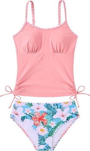 Funnycokid المراهقات ملابس السباحة مبطن ثوب السباحة 2 قطعة Tankini التباين تقليم Ruched تصميم ملابس السباحة 9-16Y in Kuwait