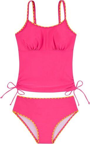 Funnycokid المراهقات ملابس السباحة مبطن ثوب السباحة 2 قطعة Tankini التباين تقليم Ruched تصميم ملابس السباحة 9-16Y in Kuwait