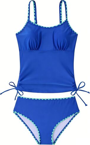 Funnycokid المراهقات ملابس السباحة مبطن ثوب السباحة 2 قطعة Tankini التباين تقليم Ruched تصميم ملابس السباحة 9-16Y in Kuwait