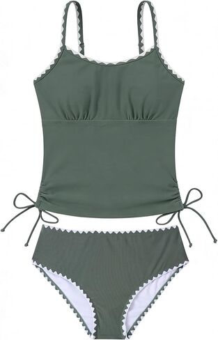 Funnycokid المراهقات ملابس السباحة مبطن ثوب السباحة 2 قطعة Tankini التباين تقليم Ruched تصميم ملابس السباحة 9-16Y in Kuwait