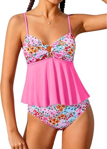 XUNYU فتاة ملابس السباحة 2 قطعة التغطية الكاملة Tankini عالية الخصر ثوب السباحة Flowy كشكش بِدل السباحة لطيف في سن المراهقة ملابس سباحة للفتيات in Kuwait