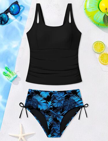 Girls Tankini Swimsuit 2 Piece Bathing Suits for Girls Square Collar Solid Swim Tank Top and Drawstring Print Shorts in Saudi Arabia