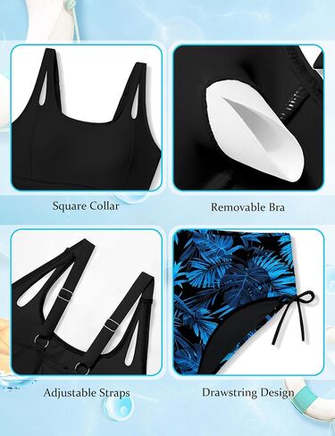 Girls Tankini Swimsuit 2 Piece Bathing Suits for Girls Square Collar Solid Swim Tank Top and Drawstring Print Shorts in Saudi Arabia