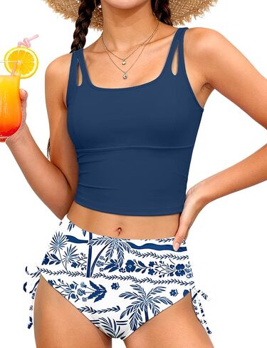 Girls Tankini Swimsuit 2 Piece Bathing Suits for Girls Square Collar Solid Swim Tank Top and Drawstring Print Shorts in Saudi Arabia