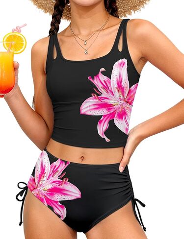 Girls Tankini Swimsuit 2 Piece Bathing Suits for Girls Square Collar Solid Swim Tank Top and Drawstring Print Shorts in Saudi Arabia