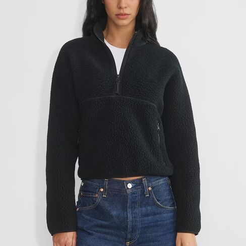 Fleece Sweatshirts for Women Cropped Long Sleeve Half Zip Pullover Sherpa Jacket Warm Fuzzy Coats with Pockets(Black,L) in Saudi Arabia