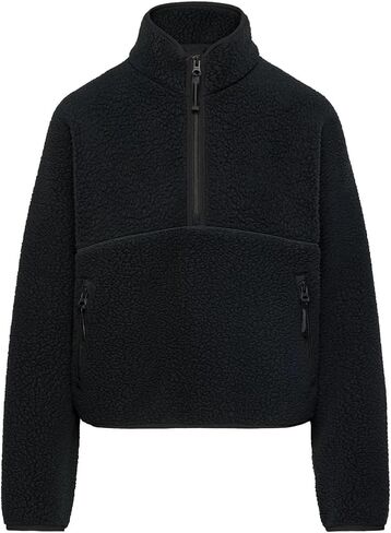 Fleece Sweatshirts for Women Cropped Long Sleeve Half Zip Pullover Sherpa Jacket Warm Fuzzy Coats with Pockets(Black,L) in Saudi Arabia