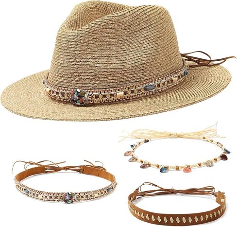 Nollia Western Straw Cowboy Hat for Women - Wide Brim Sun Hat with 3 Interchangeable Beaded Bands, Adjustable Fit, Lightweight & Breathable for Festivals, Rodeos, Travel & Outdoor Adventures Khaki in Saudi Arabia
