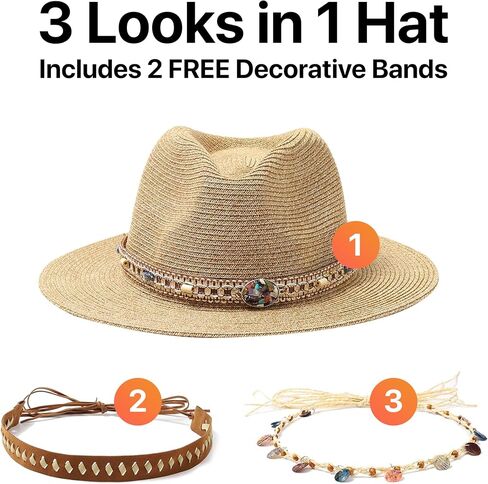 Nollia Western Straw Cowboy Hat for Women - Wide Brim Sun Hat with 3 Interchangeable Beaded Bands, Adjustable Fit, Lightweight & Breathable for Festivals, Rodeos, Travel & Outdoor Adventures Khaki in Saudi Arabia
