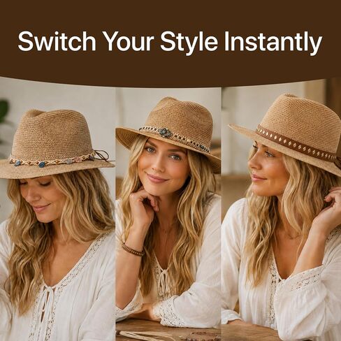 Nollia Western Straw Cowboy Hat for Women - Wide Brim Sun Hat with 3 Interchangeable Beaded Bands, Adjustable Fit, Lightweight & Breathable for Festivals, Rodeos, Travel & Outdoor Adventures Khaki in Saudi Arabia