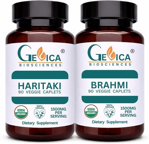 USDA Organic Haritaki (Terminalia chebula) + Brahmi (Bacopa monnieri) Bundle – 1500 mg per Serving Each, Whole Fruit & Whole Herb Powder, No Extracts, 90 Caplets Each in Saudi Arabia