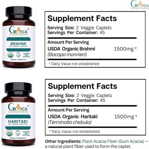 USDA Organic Haritaki (Terminalia chebula) + Brahmi (Bacopa monnieri) Bundle – 1500 mg per Serving Each, Whole Fruit & Whole Herb Powder, No Extracts, 90 Caplets Each in Saudi Arabia