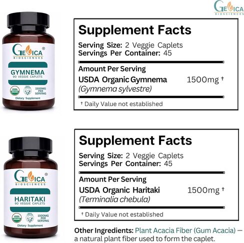 USDA Organic Haritaki (Terminalia chebula) + Gymnema (Gymnema sylvestre) Bundle – 1500 mg per Serving Each, Whole Fruit & Whole Leaf Powder, No Extracts, 90 Caplets Each in Saudi Arabia