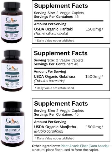 USDA Organic Manjistha (Rubia cordifolia) + Haritaki (Terminalia chebula) Bundle – 1500 mg per Serving Each, Whole Root & Whole Fruit Powder, No Extracts, 90 Caplets Each in Saudi Arabia