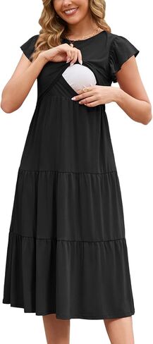 GINKANA Women's Nursing Dress Midi Flutter Short Sleeve Maternity Dress Casual Crew Neck Tiered Comfort Nursing Clothes in Kuwait