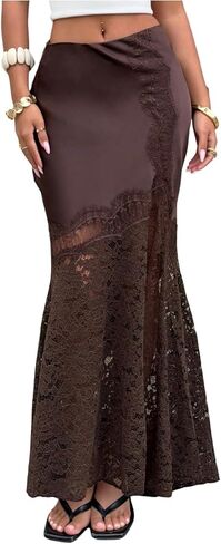 WDIRARA Women's Lace Satin Maxi Skirt High Slit Bodycon Fishtail Long Skirts in Kuwait