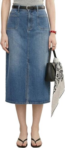 Midi Denim Skirts for Women Long Stretch Casual High Waist Below Knee Pencil Jean Skirt with Slit in Kuwait