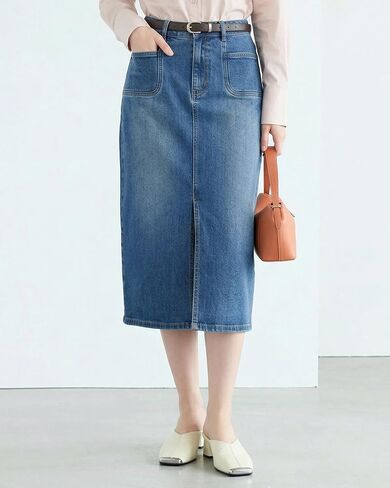 Midi Denim Skirts for Women Long Stretch Casual High Waist Below Knee Pencil Jean Skirt with Slit in Kuwait