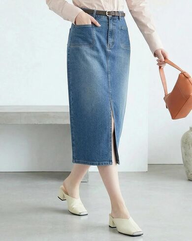 Midi Denim Skirts for Women Long Stretch Casual High Waist Below Knee Pencil Jean Skirt with Slit in Kuwait